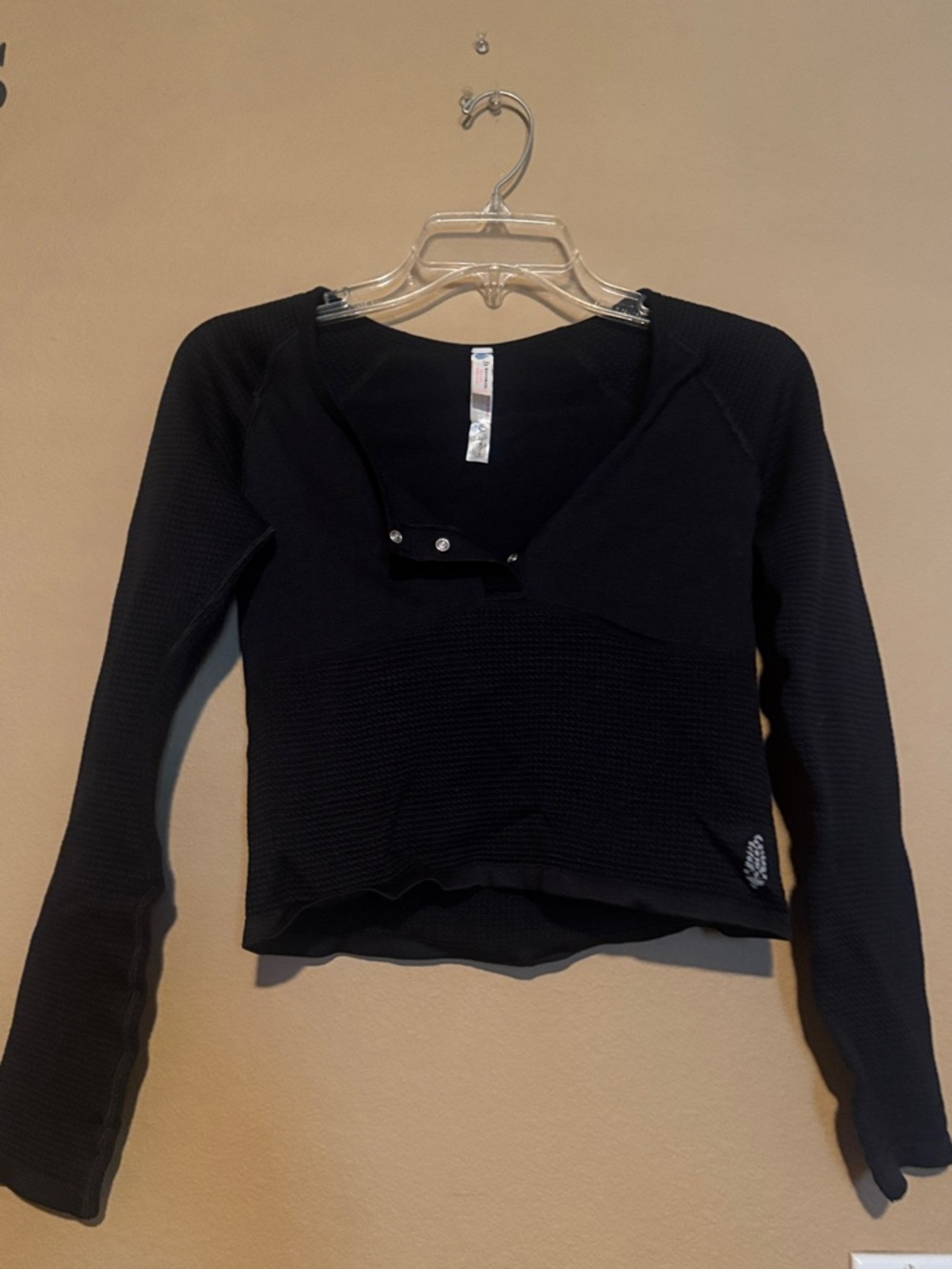 Free People Black Ribbed Snap-Henley Crop Top